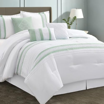 LANCO MODERN LIFESTYLE 7 Piece Comforter Set, Sage White, California King, Boho Style Geometric Microfiber Embroidery, Bed in a Bag with Bedskirt, Pillow Shams and Decor Pillows