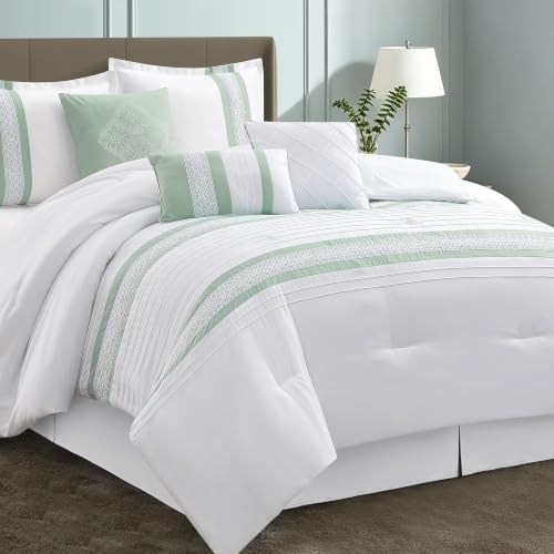LANCO MODERN LIFESTYLE 7 Piece Comforter Set, Sage White, King Size, Boho Style Geometric Microfiber Embroidery, Bed in a Bag with Bedskirt, Pillow Shams and Decor Pillows