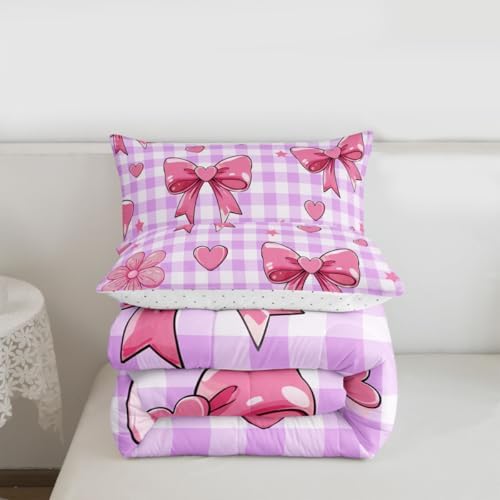 jejeloiu Purple Bow Comforter Set Twin Size Bedding Set Kids Boys Girls