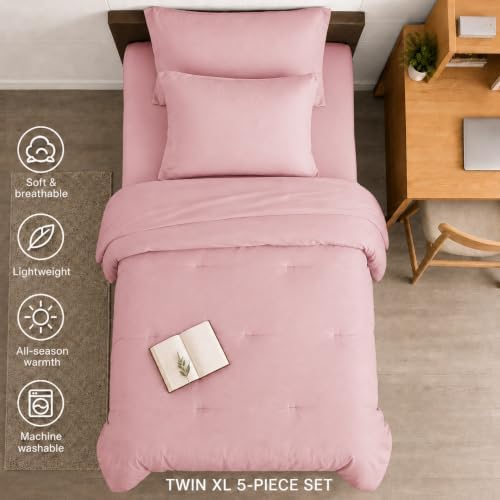 HIMEET Twin XL Comforter Set, 5-Piece Point-Quilted Bed in a Bag, Pink