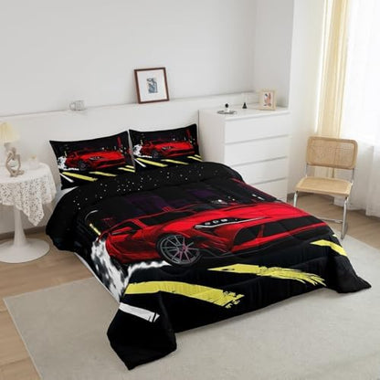 Erosebridal Kids Sports Car Comforter Set Twin Speed Race Car Boys Bedding Set Automobile Extreme Sport Down Comforter Racing Sports Quilt Racing Car Duvet Insert 2Pcs Bedding Decor