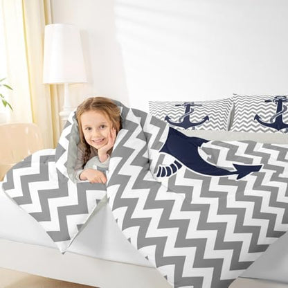 Castle Fairy Nautical Anchor Comforter Set Twin Size,Geometric Gray Stripe Bedding Set 2pcs for Kids Teens Adults Room Decor,Ocean Adventure Themed Quilt Set Modern Abstract Duvet Insert,1 Pillowcase