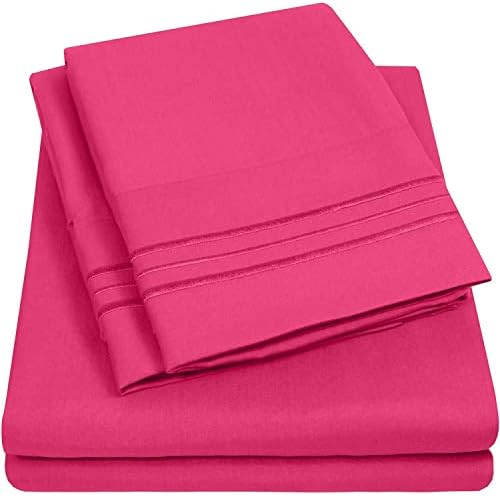 Split King Size Size Sheet Set with Built-in Sheet Straps - Deep Pocket Fitted Sheet, Flat Sheet & Pillowcases - Soft, Wrinkle-Free, Secure Fit - Fuschia