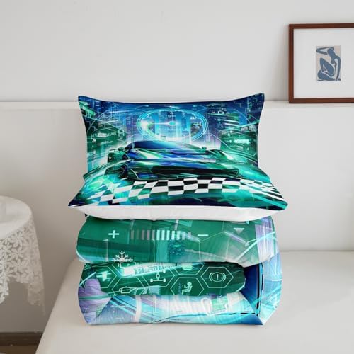 Feelyou Boys Teal Race Car Twin Size Bedding Set Kids Racing Car Decor Comforter Extreme Sports Car Comforter Set for Teens Honeycomb Grid Car Comforter Quilt Set Car Room Decorations