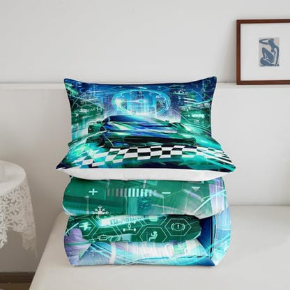 Feelyou Boys Teal Race Car Twin Size Bedding Set Kids Racing Car Decor Comforter Extreme Sports Car Comforter Set for Teens Honeycomb Grid Car Comforter Quilt Set Car Room Decorations