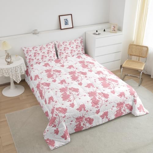 jejeloiu Pink Flower Comforter Set Toddler Size Kids Floral Bedding Set for Boys Girls Teens Botanical Duvet Breathable Minimalist Aesthetics Quilt Bedroom Decor,1 Comforter with 1 Pillowcase