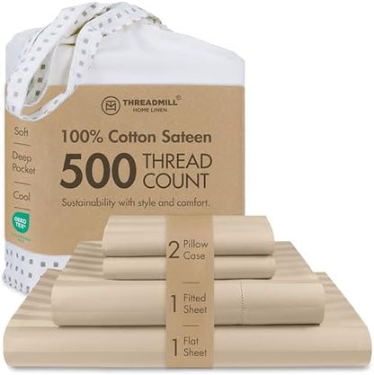 Threadmill 500TC Cotton Full Sheet Set, Damask Stripe, Light Beige, 4-Piece