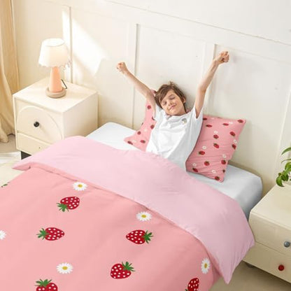 Strawberry Comforter Cover Set Tropical Fruit Bedding Set for Girls Kids Teen Cute Cartoon Fruits Pattern Duvet Cover Soft Microfiber Reversible Bedspread,1 Duvet Cover with 1 Pillowcase, Twin