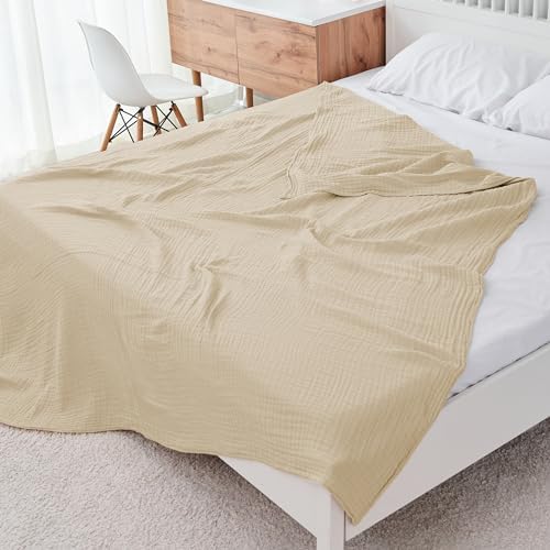 Cosy Family 4 Layer Muslin Bed Blanket - Breathable and Lightweight Gauze Boho Blanket for Spring, Soft 100% Cotton Muslin Blanket, Light Tan, 55x80 Inches