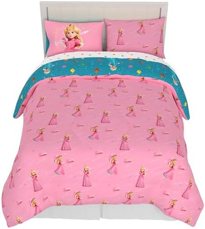 The Super Mario Galaxy Movie Bedding Set, Full Size 7 Piece Set Kids Super Soft Cozy Reversible Comforter and Sheet Set with Sham, Princess Peach (100% Officially Licensed Product) by Franco