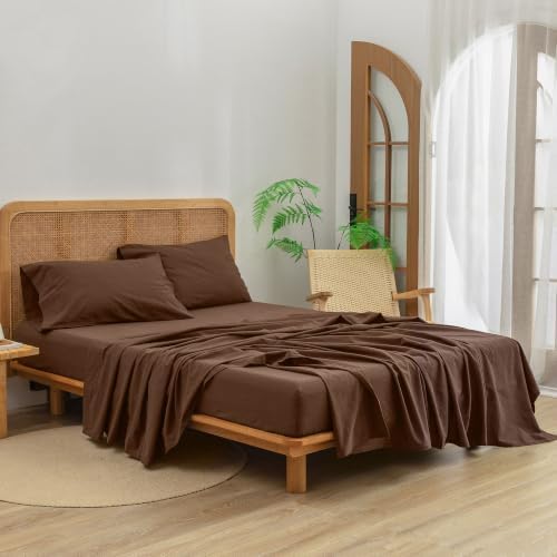 BESTOUCH Sheet Set 100% Washed Cotton Linen Feel Super Soft Comfortable Chic Lightweight 4 Pcs Home Bedding Set Solid Cocoa Brown Queen