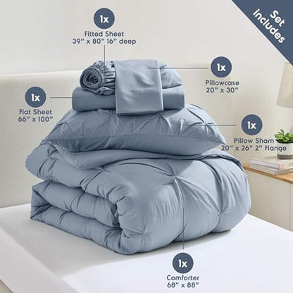 Nestl 7 Piece Twin XL Comforter Set – Stone Blue Pinch Pleated Bed in a Bag – Complete Twin XL Size Bedding Set with Sheets, Set of 2 Cooling Pillows, Pillowcase and Sham