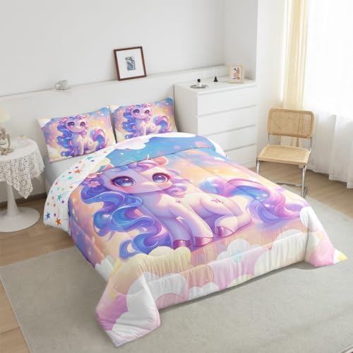 Castle Fairy Unicorn Girls Comforter Set Twin,Kids Cartoon Cute Reversible Quilt Sets Girly Girls Boys Rainbow Unicorn Bedding Set Kawaii Animal Pattern Duvet Insert with 1 Pillowcase Pink Purple