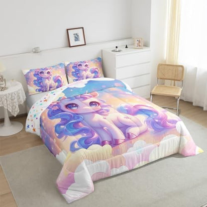 Castle Fairy Unicorn Girls Comforter Set Twin,Kids Cartoon Cute Reversible Quilt Sets Girly Girls Boys Rainbow Unicorn Bedding Set Kawaii Animal Pattern Duvet Insert with 1 Pillowcase Pink Purple