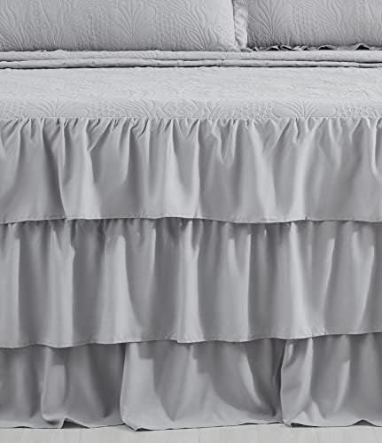 CHIXIN Ruffle Skirt Bedspread Queen Size - 30" Long Drop, Shabby Chic Style, Lightweight Bedding Cover, 3 Piece Set, Chic Layers, Light Grey