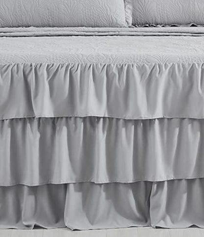 CHIXIN Ruffle Skirt Bedspread Queen Size - 30" Long Drop, Shabby Chic Style, Lightweight Bedding Cover, 3 Piece Set, Chic Layers, Light Grey