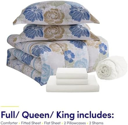Floral Comforter Set Full Size with Sheets Bed in a Bag – Deep Pocket Fitted Sheet with Elastic Corners, Cozy Comforter, Pillowcases & Shams – Soft Microfiber All Season Bedding – Machine Washable