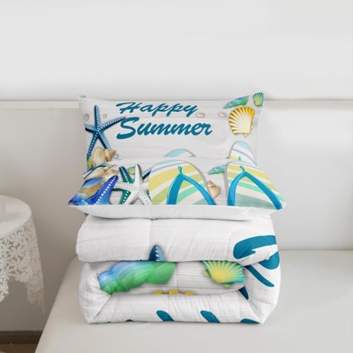 Beach Comforter Set Full Ocean Starfish Shell and Stripes Flip Flops Bedding Set Romantic Hawaii Holiday Quilted Duvet for Kids Teens Adult,White Rustic Farmhouse Wooden Board Duvet Insert 3pcs