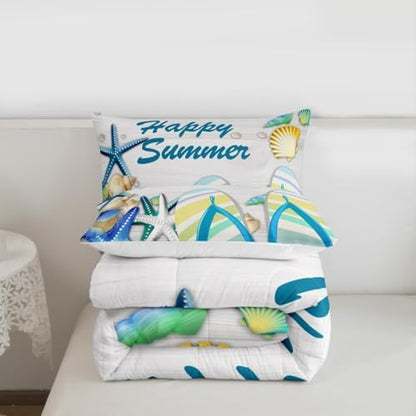 Beach Comforter Set Full Ocean Starfish Shell and Stripes Flip Flops Bedding Set Romantic Hawaii Holiday Quilted Duvet for Kids Teens Adult,White Rustic Farmhouse Wooden Board Duvet Insert 3pcs