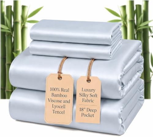 100% Real Bamboo Viscose & Lyocell Tencel Sheets Set Full Size | Breathable & Cooling for Hot Sleeper | Luxury Silky Soft Fabric | 18" Deep Pocket with Corner Straps (French Blue, Full)