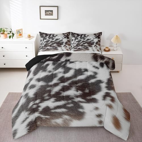 Western Brown Cowhide Comforter Set,Aztec Black White Cow Print Bedding Set King Rustic Farm Animal Down Comforter for Kids Boys Girls Men Women,Cowboy Cowhide Quilt Duvet Set Bedroom Decor 3 Pcs