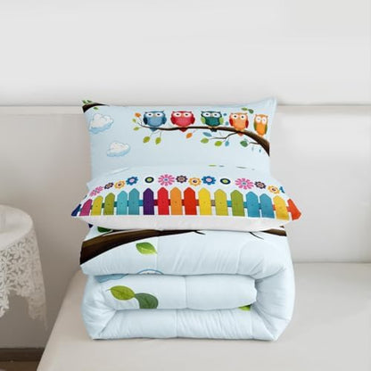 Manfei Owls Comforter Set Full Size, Cartoon Birds Print Quilt Set with 2 Pillowcases, Colorful Flower Bedding Set 3pcs for Kids Boys Girls Bedroom Decor, Rainbow Plank Print Duvet Set