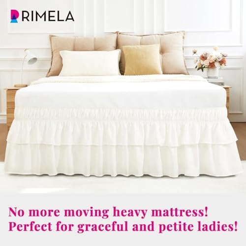 RIMELA Queen Size Ruffle Bed Skirt 14 Inch Drop - Cream White Double Layered Wrap Around Dust Ruffle, Romantic Cute Design Bedskirt with High-Density Fabric, Soft Stretchy, Easy Install for Queen Bed