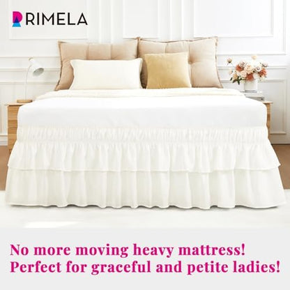 RIMELA Queen Size Ruffle Bed Skirt 14 Inch Drop - Cream White Double Layered Wrap Around Dust Ruffle, Romantic Cute Design Bedskirt with High-Density Fabric, Soft Stretchy, Easy Install for Queen Bed