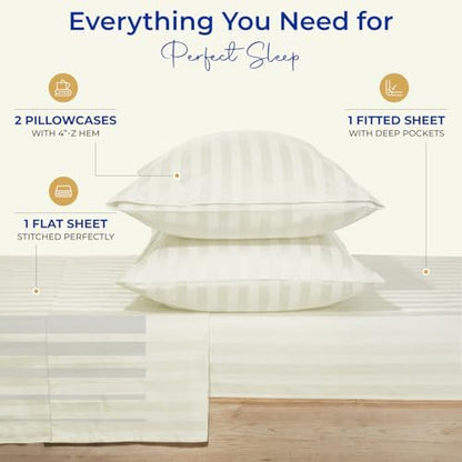 THREAD SPREAD Egyptian Cotton Sheets Queen Size - 1000 Series High Thread Count Cotton Queen Sheet Set (4 PC, Ivory - Stripe), 16" Snug Fit Deep Pocket, Cooling, Sateen, Ultra-Soft Hotel Luxury Sheets