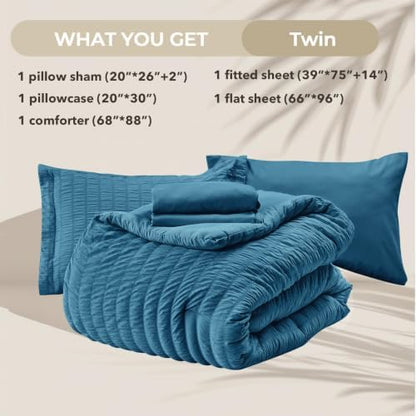 HYMOKEGE Teal Twin Comforter Set Seersucker 5 Pieces, All Season Luxury Bed in a Bag for Bedroom, Bedding Set with Comforters, Sheets, Pillowcase & Sham
