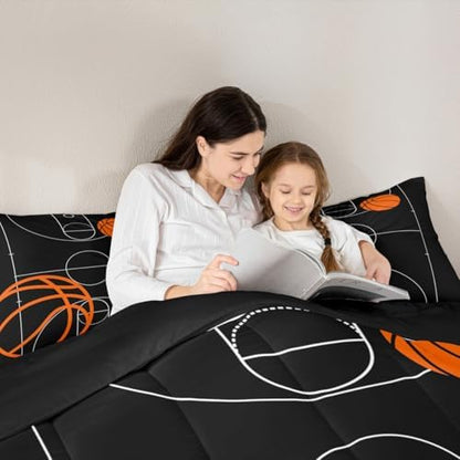 Castle Fairy Basketball Comforter Set Sports Theme Bedding Set for Kids Girls Women Adults Basketball Court Comforter Black and Orange Quilted Duvet Set Bedroom Collection Twin Size 2Pcs