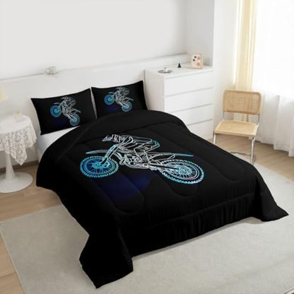 Feelyou Neon Blue Dirt Bike Comforter Set Off-Road Sport Bedding Set with 2 Pillow Cases Neon Line Design Kids Full Outdoor Sports Room Decor Motocross Art Duvet Quilt Breathable Soft Lightweight
