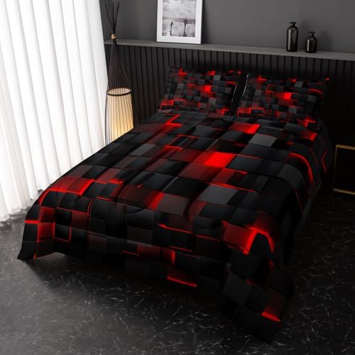 Nttopship Neon Red Black Comforter Set Full Geometric Kids Bedding Set,3 PCS Geometry Honeycomb Bed Set Modern Quilt Set 1 Comforter 2 Pillow Cases Cool Room Decor All Season B-Side Black