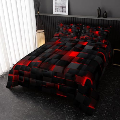Nttopship Neon Red Black Comforter Set Twin Geometric Kids Bedding Set,3 PCS Geometry Honeycomb Bed Set Modern Quilt Set 1 Comforter 2 Pillow Cases Cool Room Decor All Season B-Side Black