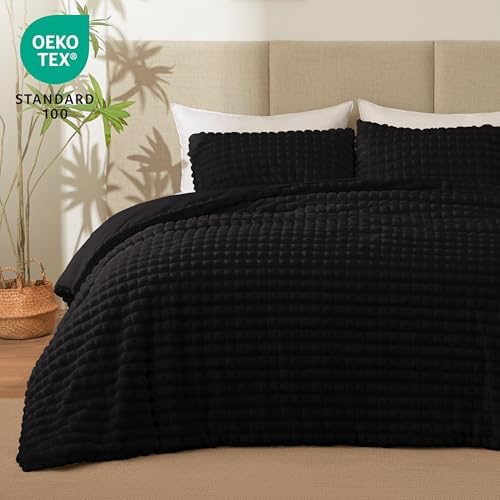 EXQ Home Fluffy Comforter Set King Size - Super Soft Faux Fur 3D Grid Jacquard Comforter 3 Pieces, Black Fleece Bedding Set,Winter Warm Bed Set,1 Comforter with 2 Pillowcases