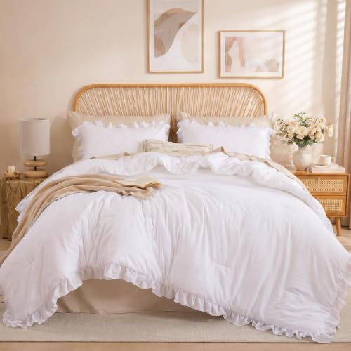 JANZAA White Comforter Set Oversized King, Ruffle Soft Bedding