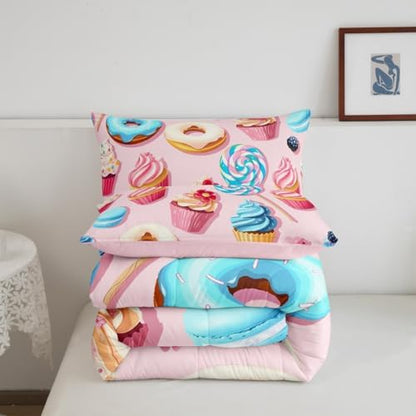 Homewish Donuts Comforter Set Queen Size,Cake Sweets Bedding Sets 3pcs for Kids Girls Teens Room Decor,Cartoon Desserts Themed Duvet Insert Sets Pink Gourmet Quilted Duvet Set with 2 Pillowcases