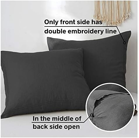 Simple&Opulence 100% French Linen Euro Shams with Embroidery (26'' x 26'') - Pack of 2 - Pre Washed Solid Color Natural Flax Soft Breathable - Dark Grey