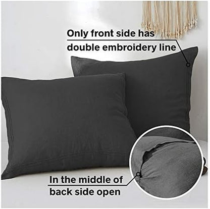 Simple&Opulence 100% French Linen Euro Shams with Embroidery (26'' x 26'') - Pack of 2 - Pre Washed Solid Color Natural Flax Soft Breathable - Dark Grey