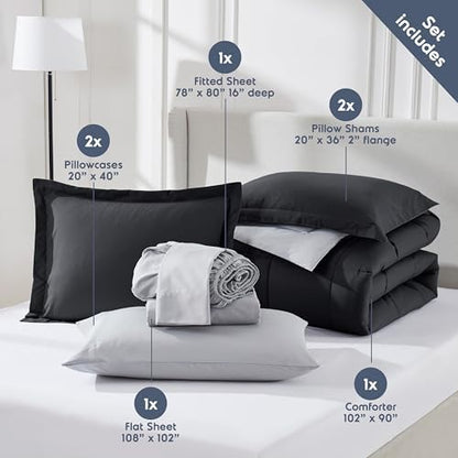 Nestl 9 Piece King Comforter Set – Black Reversible Bed in a Bag – Complete King Size Bedding Set with Sheets, Set of 2 Down Alternative Pillows, Pillowcases and Shams