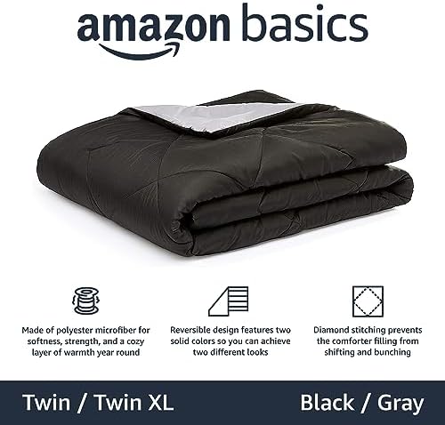 Amazon Basics Comforter Blanket, Reversible, Lightweight Microfiber, All Season, Soft Plush, Machine Washable, Twin/Twin XL, Black/Grey (Pack of 2)