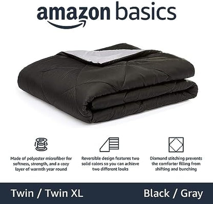 Amazon Basics Comforter Blanket, Reversible, Lightweight Microfiber, All Season, Soft Plush, Machine Washable, Twin/Twin XL, Black/Grey (Pack of 2)