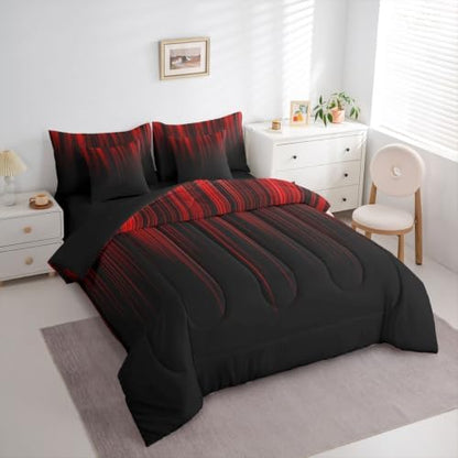Feelyou Neon Red Black Twin Comforter Set with Sheets for Kids Boys Girls Geometric 7 Pieces Bedding Set Ombre Bed in a Bag Room Decor Soft Lightweight Microfiber
