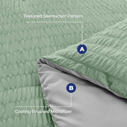 HYMOKEGE Sage Green/Light Grey Full Size Comforter Sets Seersucker 7 Pieces, All Season Luxury Bed in a Bag for Bedroom, Bedding Set with Comforter, Sheets, Pillowcases & Shams