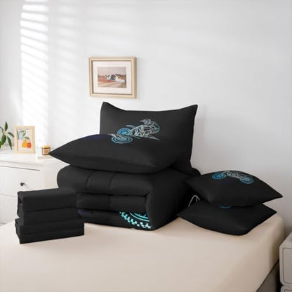 Feelyou Neon Blue Dirt Bike Comforter Set King 7 Pieces Off-Road Sport Bedding Set Boys Girls Neon Line Design Bed in a Bag Outdoor Sports Room Decor Motocross Art Quilted Breathable Soft Lightweight