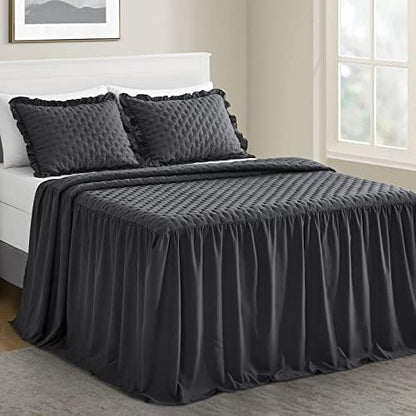 CHIXIN Ruffle Skirt Bedspread King Size - 30" Long Drop, Shabby Chic & Farmhouse Style, Soft and Lightweight Bedding Cover, 3 Piece Set, Dark Grey