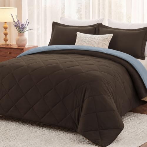 downluxe Twin Comforter Set Soft Reversible 2 Pieces, Brown/Blue