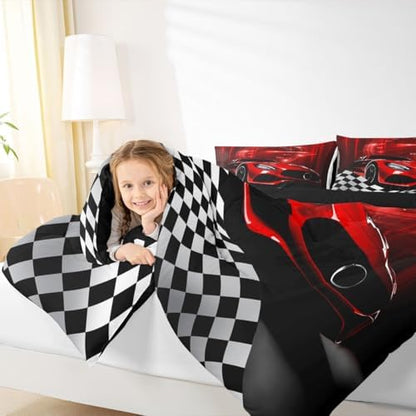 Erosebridal Red Race Car Comforter Set for Teenage Boys,Glitter Ombre Line Art Bedding Set Neon Light Sports Car Dashboard Quilt Full,Black and White Grid Lattice Buffalo Plaid Decor