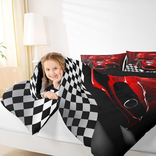 Erosebridal Red Race Car Comforter Set for Teen Boys,Glitter Ombre Line Art Bedding Set Neon Light Sports Car Dashboard Quilt Twin,Black and White Grid Lattice Buffalo Plaid Decor