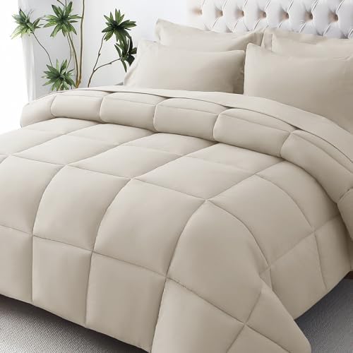 JOLLYVOGUE California King Comforter Set, Ultra-Soft Bed in a Bag Cal King Size 7 Pieces, Oeko-TEX Certified Bedding Set with Down Alternative Comforter, Sheets, Pillowcases & Shams, Oatmeal